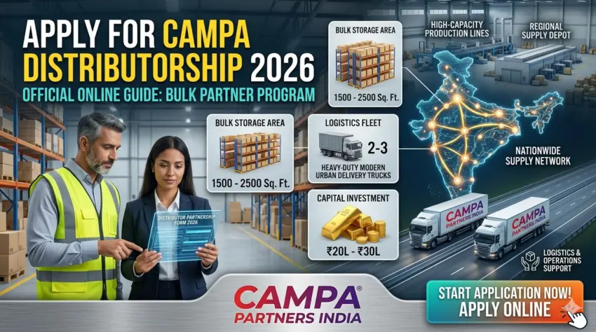 Apply for Campa Distributorship 2026: Official partner guide, bulk investment, and warehouse requirements by Campa Partners India.