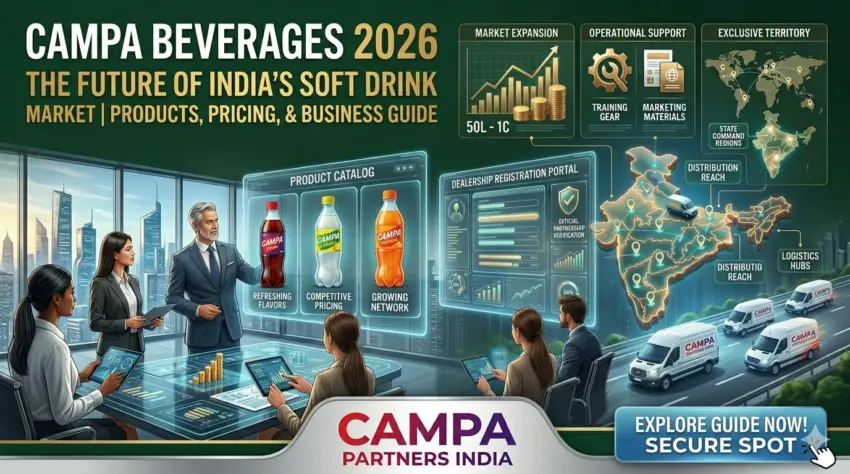 Campa Beverages 2026 market expansion: Product catalog featuring Cola, Lemon, and Orange variants, regional distribution reach map, and official dealership registration portal by Campa Partners India.