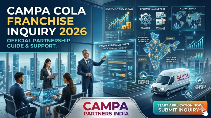 Campa Cola franchise inquiry 2026: Official partnership submission portal, investment breakdown charts, and regional expansion map by Campa Partners India.